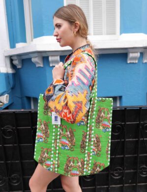 The Blue Door -Green  Tote Fashion Bag-Full Handmade – 100% Cotton Outfit Design for outing, outdoor, summer and winter All Seasons