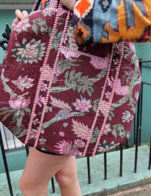 The Blue Door -Burgundy Tote Fashion Bag-Full Handmade – 100% Cotton Outfit Design for outing, outdoor, summer and winter All Seasons