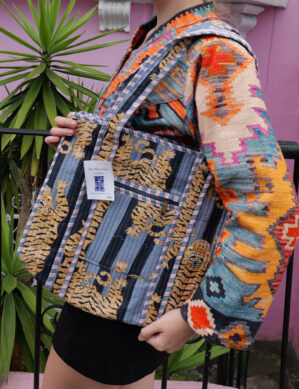 The Blue Door -Grey Tiger Fashion Bag-Full Handmade – 100% Cotton Outfit Design for outing, outdoor, summer and winter All Seasons