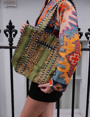 The Blue Door -Olive Tiger Fashion Bag-Full Handmade – 100% Cotton Outfit Design for outing, outdoor, summer and winter All Seasons