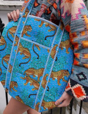 The Blue Door - Sky Blue Tiger Tote Fashion Bag-Full Handmade – 100% Cotton Outfit Design for outing, outdoor, summer and winter All Seasons