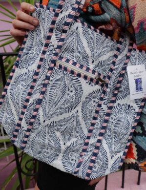 The Blue Door -Grey Creamy Fashion Bag-Full Handmade – 100% Cotton Outfit Design for outing, outdoor, summer and winter All Seasons