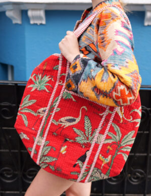The Blue Door - Red Nature Tote Fashion Bag-Full Handmade – 100% Cotton Outfit Design for outing, outdoor, summer and winter All Seasons