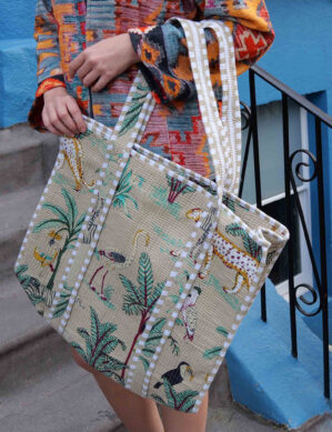 The Blue Door -Creamy Mix Tote Fashion Bag-Full Handmade – 100% Cotton Outfit Design for outing, outdoor, summer and winter All Seasons