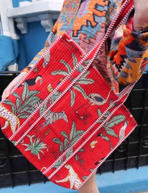 The Blue Door -Red Tote Fashion Bag-Full Handmade – 100% Cotton Outfit Design for outing, outdoor, summer and winter All Seasons
