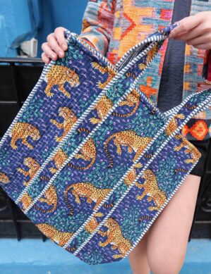 The Blue Door - Blue Tiger Tote Fashion Bag-Full Handmade – 100% Cotton Outfit Design for outing, outdoor, summer and winter All Seasons