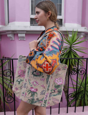 The Blue Door - Creamy Pink Tote Fashion Bag-Full Handmade – 100% Cotton Outfit Design for outing, outdoor, summer and winter All Seasons