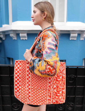 The Blue Door -Orange Art Tote Fashion Bag-Full Handmade – 100% Cotton Outfit Design for outing, outdoor, summer and winter All Seasons
