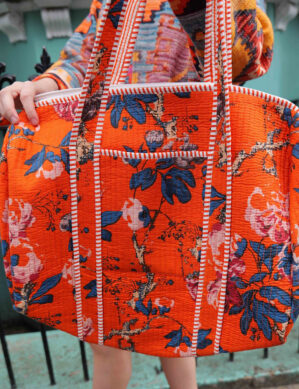 The Blue Door - Orange Tote Fashion Bag-Full Handmade – 100% Cotton Outfit Design for outing, outdoor, summer and winter All Seasons